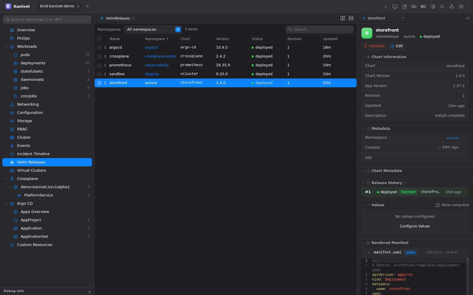 Kanivet Helm release manager showing releases and chart details