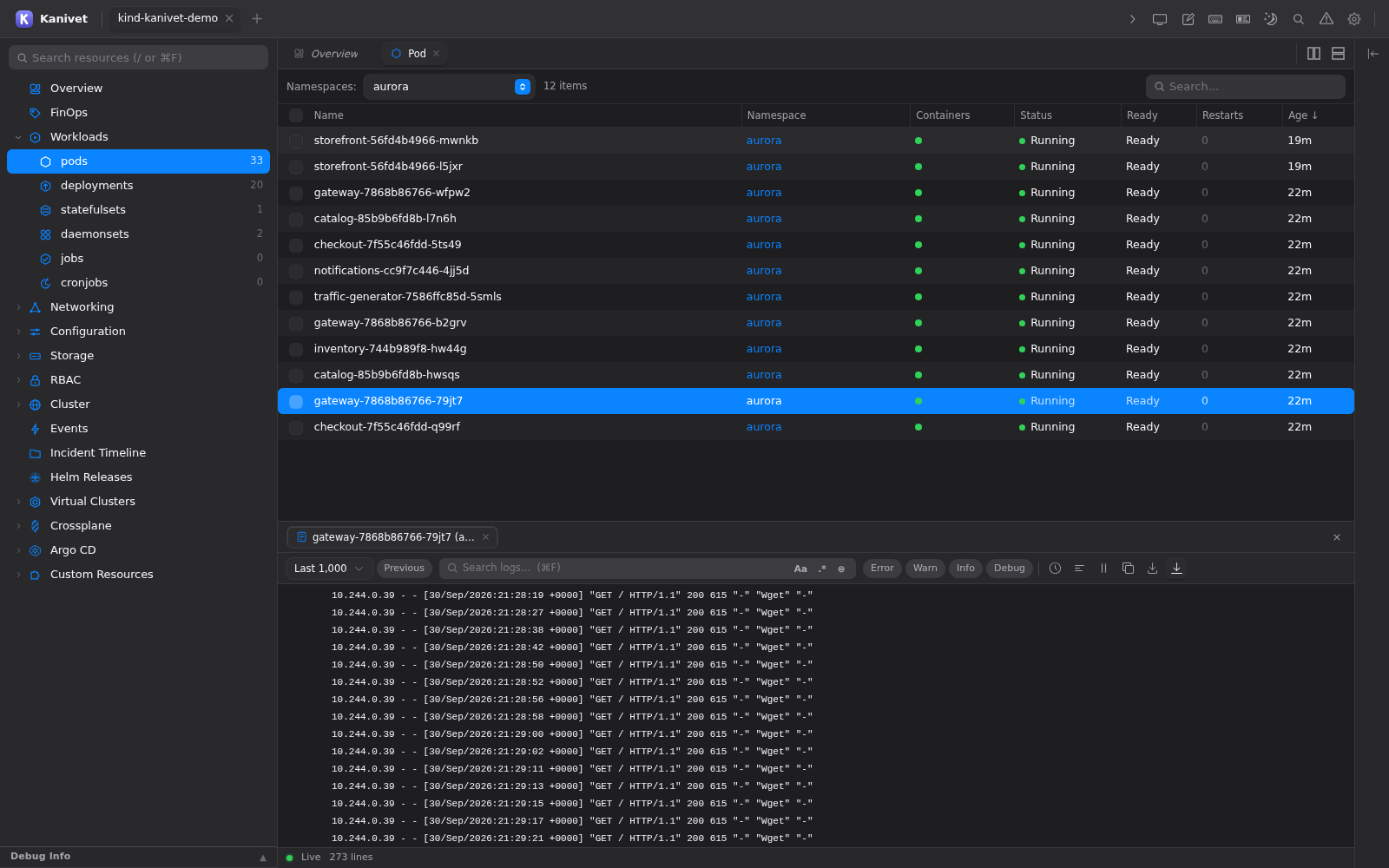 Kanivet container log viewer with live log output