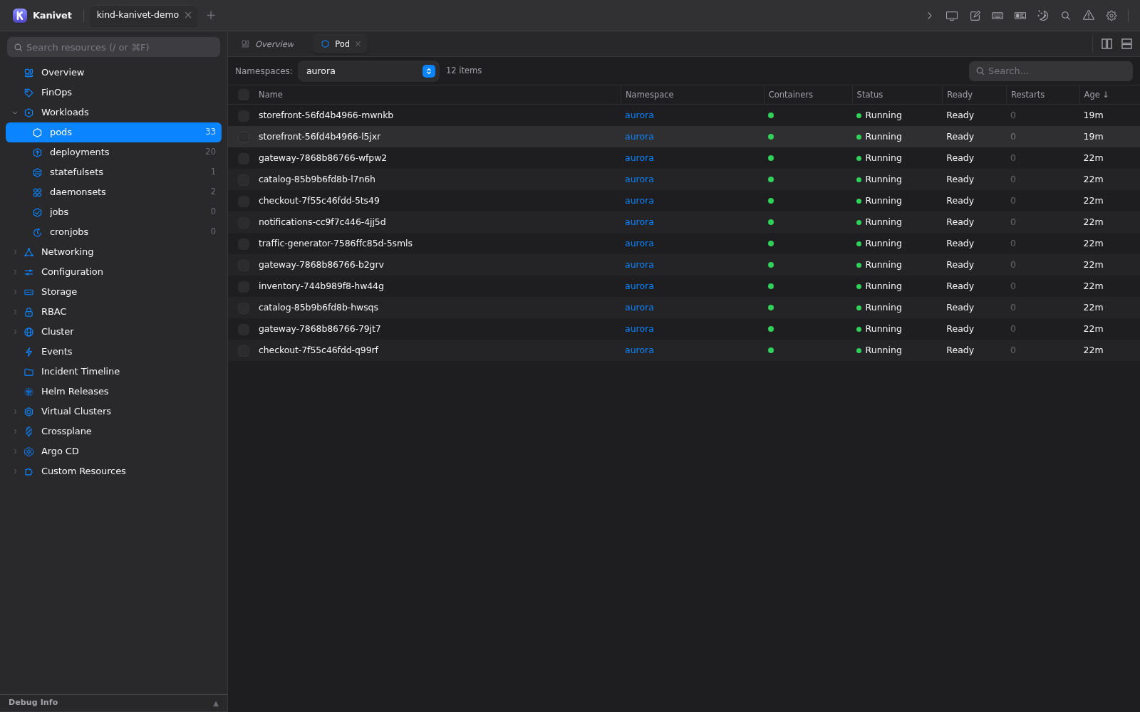 Kanivet resource browser showing Kubernetes workloads and their status