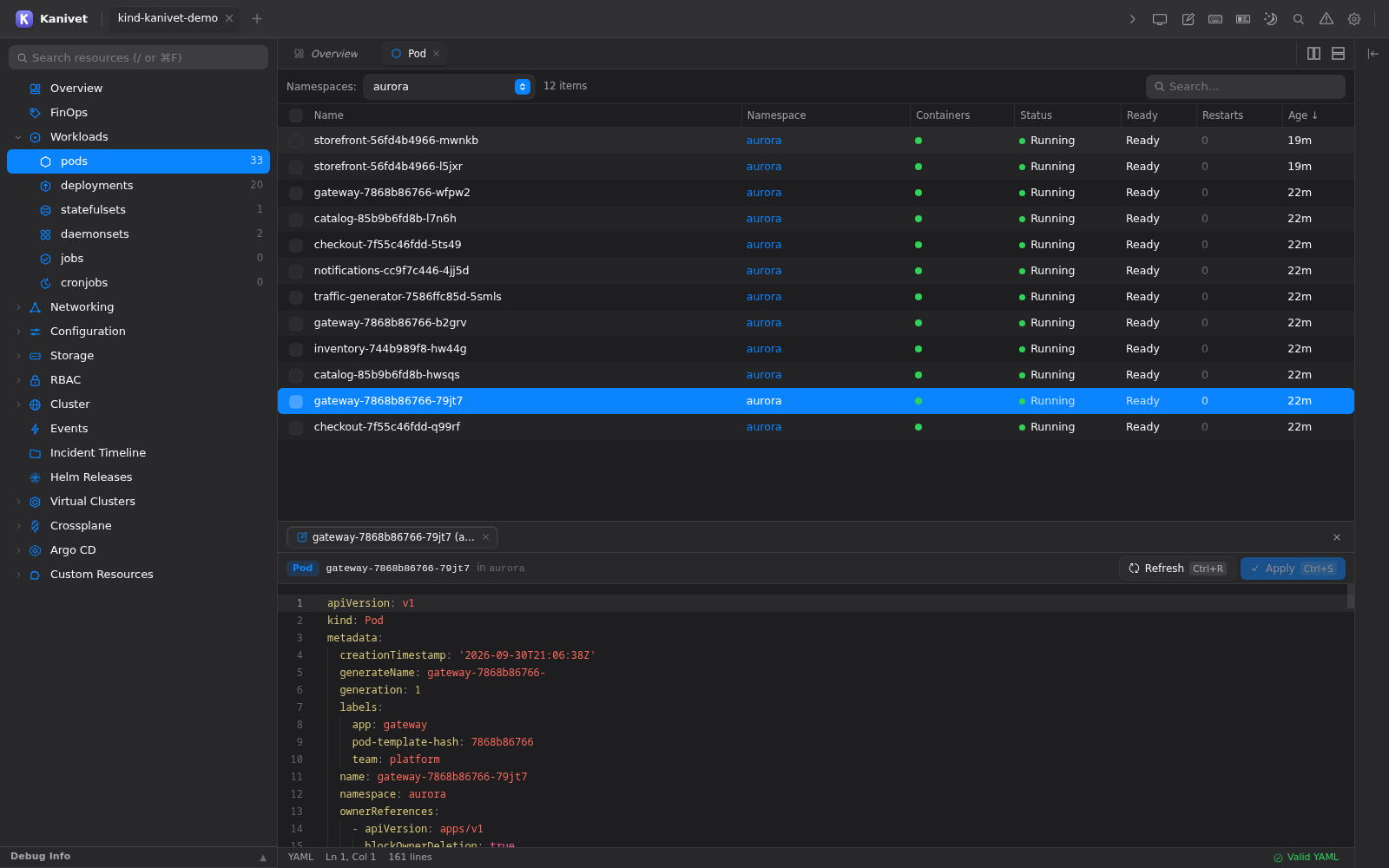 Kanivet built-in YAML editor displaying a Kubernetes resource definition